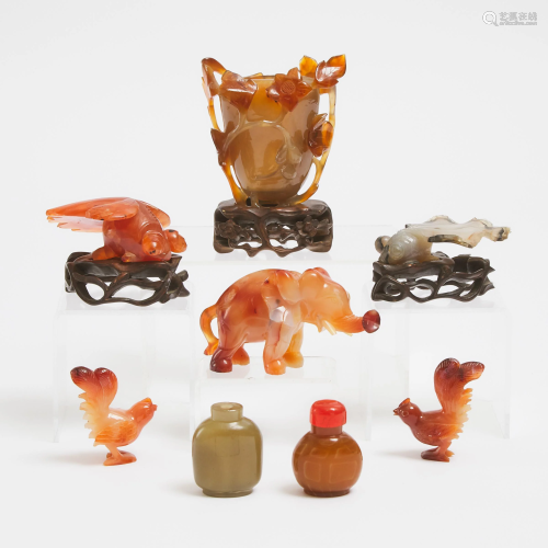 A Group of Eight Chinese Carnelian and Agate Carvings,