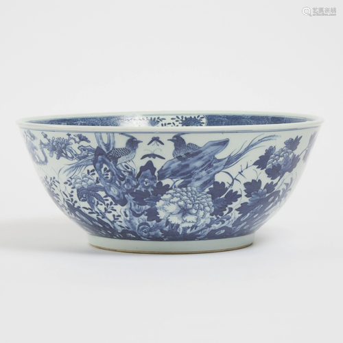 A Large Blue and White 'Birds and Flowers' Bowl, Late