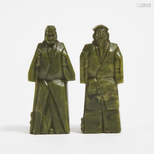 A Pair of Green Jade Figures of an Elderly Couple,