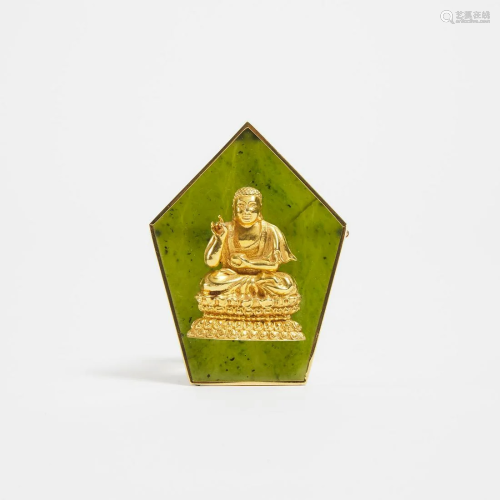 A Spinach Jade Brooch Mounted With a 18k Gold Buddha
