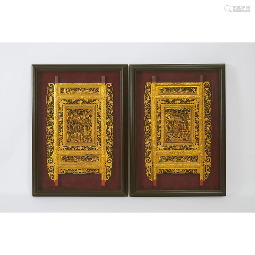 A Pair of Large Framed Chinese Gilt Wood Temple