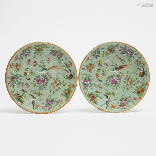 A Pair of Canton Enameled Celadon Dishes, 19th Century,