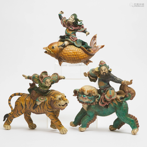 A Group of Three Sancai-Glazed Pottery Tile Warriors