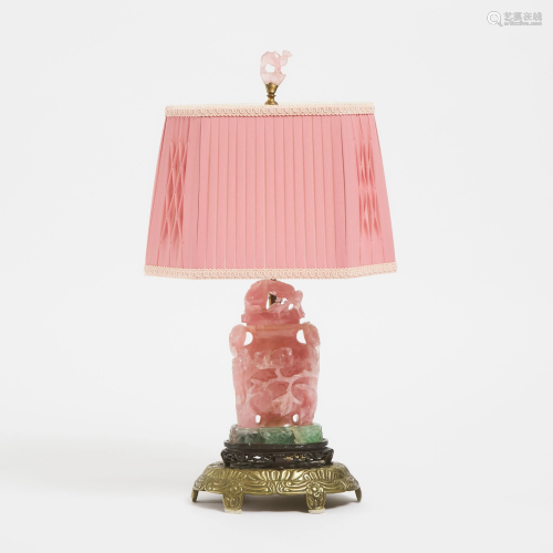 A Chinese Rose Quartz Covered Vase Mounted as a Lamp,