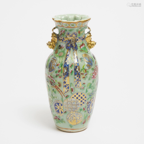 A Canton Enameled Celadon Vase, 19th Century, 十