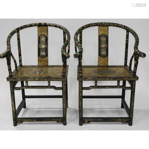 A Pair of Black Lacquer Horseshoe-Back Armchairs,