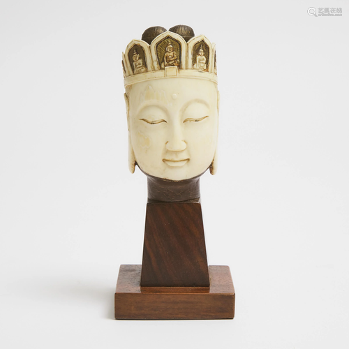 An Ivory and Wood Carved Head of Vairocana Buddha, 19th