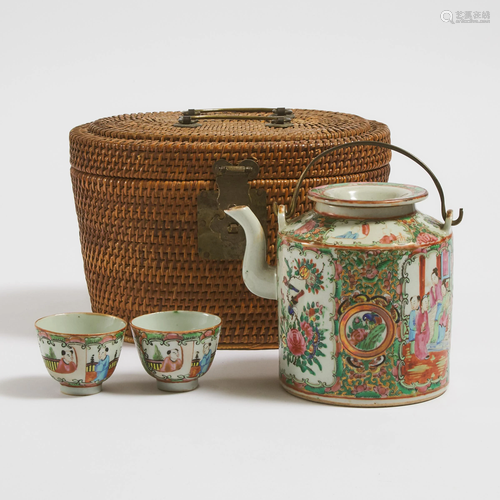 A Canton Famille Rose Set of Two Teacups and a Teapot,