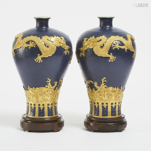 A Pair of Moulded 'Dragon' Meiping Vases, Qianlong