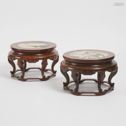 Two Chinese Marble Inset Hardwood Stands, 硬