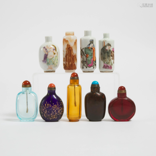 A Group of Nine Porcelain and Glass Snuff Bottles, 19th