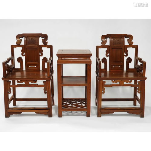 A Chinese Hardwood Table and Two Chairs, 中