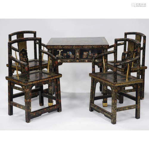 A Chinese Black Lacquer Square Table and Four Chairs,