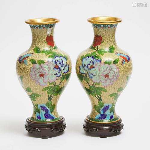 A Pair of Chinese Cloisonné Floral Vases, 20th