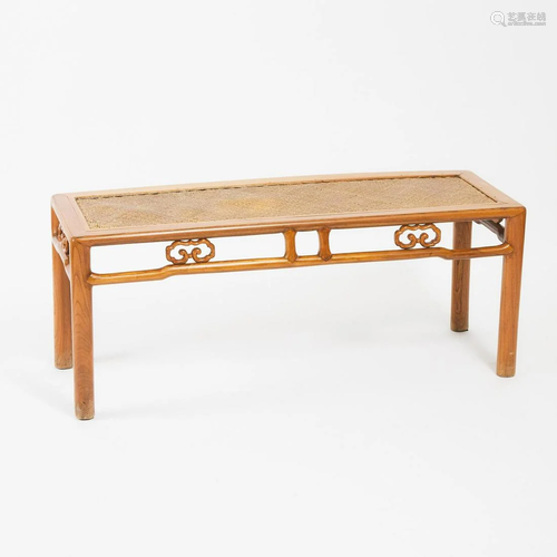 A Chinese Elmwood Bench Inset with Soft Mat Seat, 19th