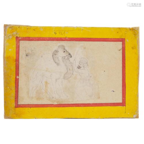 Mughal School, A Drawing of a Camel with Trainer, 17th