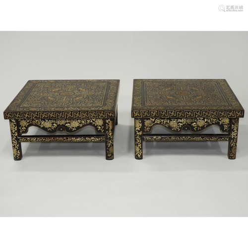 A Pair of Chinese Black Lacquer Low Square Tables,