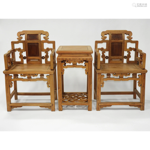 A Chinese Elmwood Table and Two Chairs, 榆木