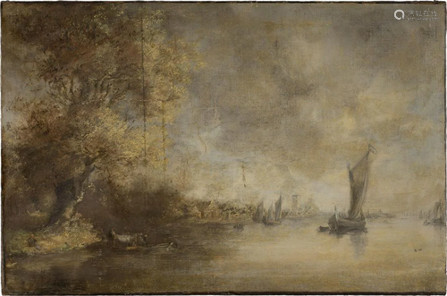 JAN VAN GOYEN (ATTR.), BAUERN MIT KAHN UND KUEHEN AM