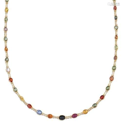 Un collier de saphirs multicolores, composé d'une rangée con...