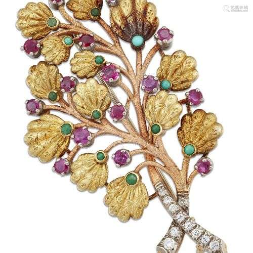 Une broche bicolore en diamant et rubis, conçue comme une ge...