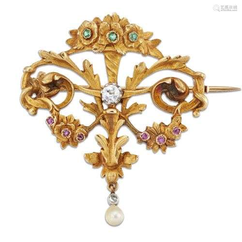 Broche française en or, diamants et pierres précieuses de la...