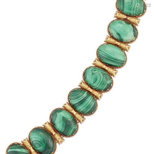 Bracelet russe en or et malachite du 19e siècle, composé d'u...