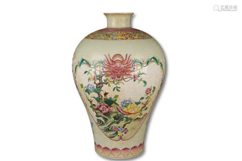 A Famille Rose Bird with Flower Pattern Porcelain Plum Vase