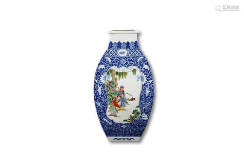 A Blue And White Famille Rose  Character Pattern Square Poec...