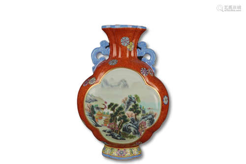 A Wood Color Glazed Base Drawing Landscape Porcelain Vase