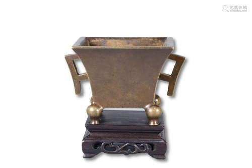 A Double Ear Square Shape Bronze Incense Burner