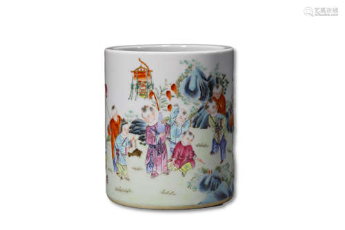 A Famille Rose Character Story Porcelain Brush Pot