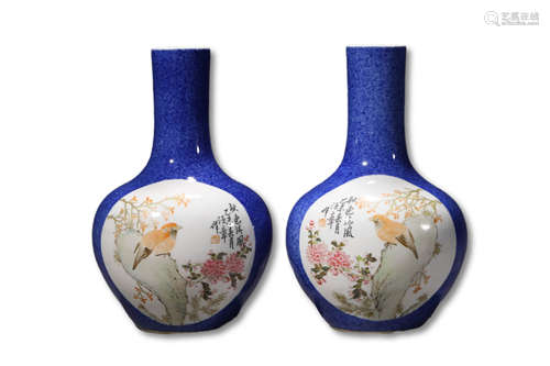 A Pair Of Blue Glazed Poem Birds Small Celestial Porcelain V...