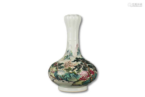 A Famille Rose Drawing Landscape Porcelain Garlic Shape Vase