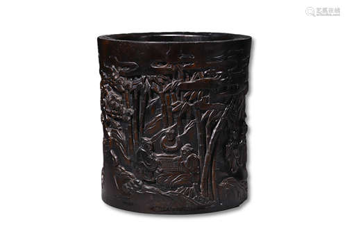 A Carved Character with Landscape Red Sandalwood Brush Pot