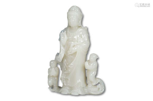 A White Jade Guanyin with Children Figure Statue