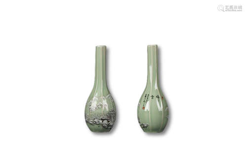 A Pair Of Celadon Ink Colored Pattern Porcelain Vases