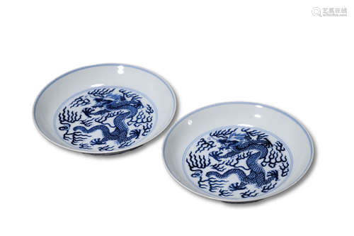 A Pair Of Blue And White Dragon Porcelain Plate