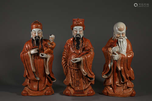 Three Sages of Fu, Lu and Shou in the Red Glazed Qing Dynast...