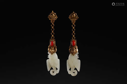 Hetian Jade Gilt Earrings in Qing Dynasty