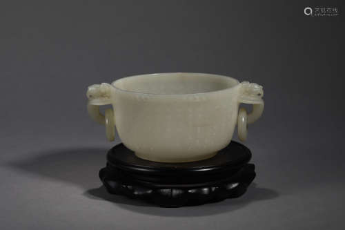Hetian Jade Poem and Prose Double Ear Stove in Qing Dynasty