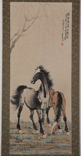Chinese ink painting Xu Beihong's double horses