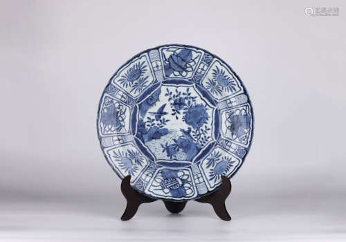 A blue and white plate