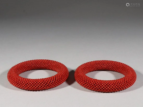 PAIR OF CORAL BEADS-MOUNTED AGARWOOD BANGLES