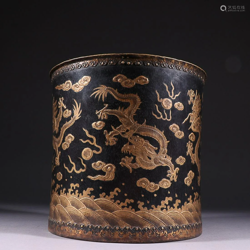 GILT-DECORATED BRONZE-INLAID SANDALWOOD 'DRAGON'