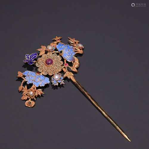 GEMSTONES-INLAID GILT-SILVER AND KINGFISHER HAIRPIN