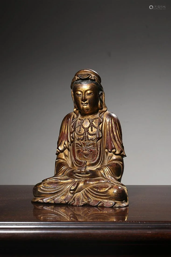 GILT-LACQUERED SANDALWOOD FIGURE OF GUANYIN