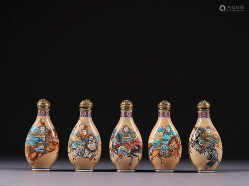 CANTON ENAMEL ' FIVE GENERALS ' SNUFF BOTTLE