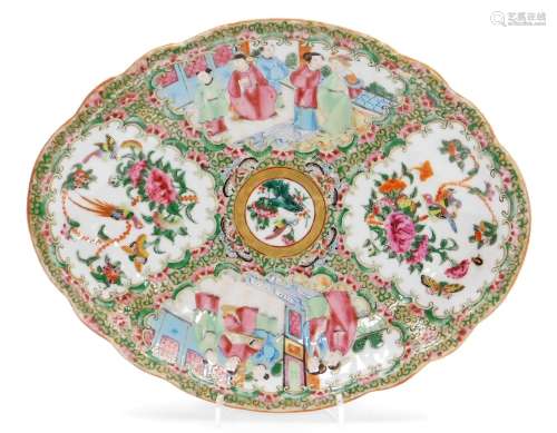 A 19thC Chinese Canton porcelain oval dish, decorated with o...