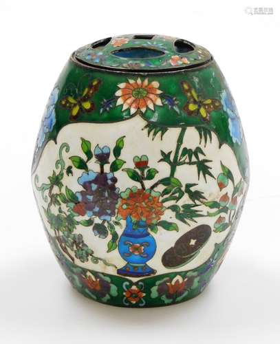 A Chinese cloisonné incense burner and pierced cover, on a g...